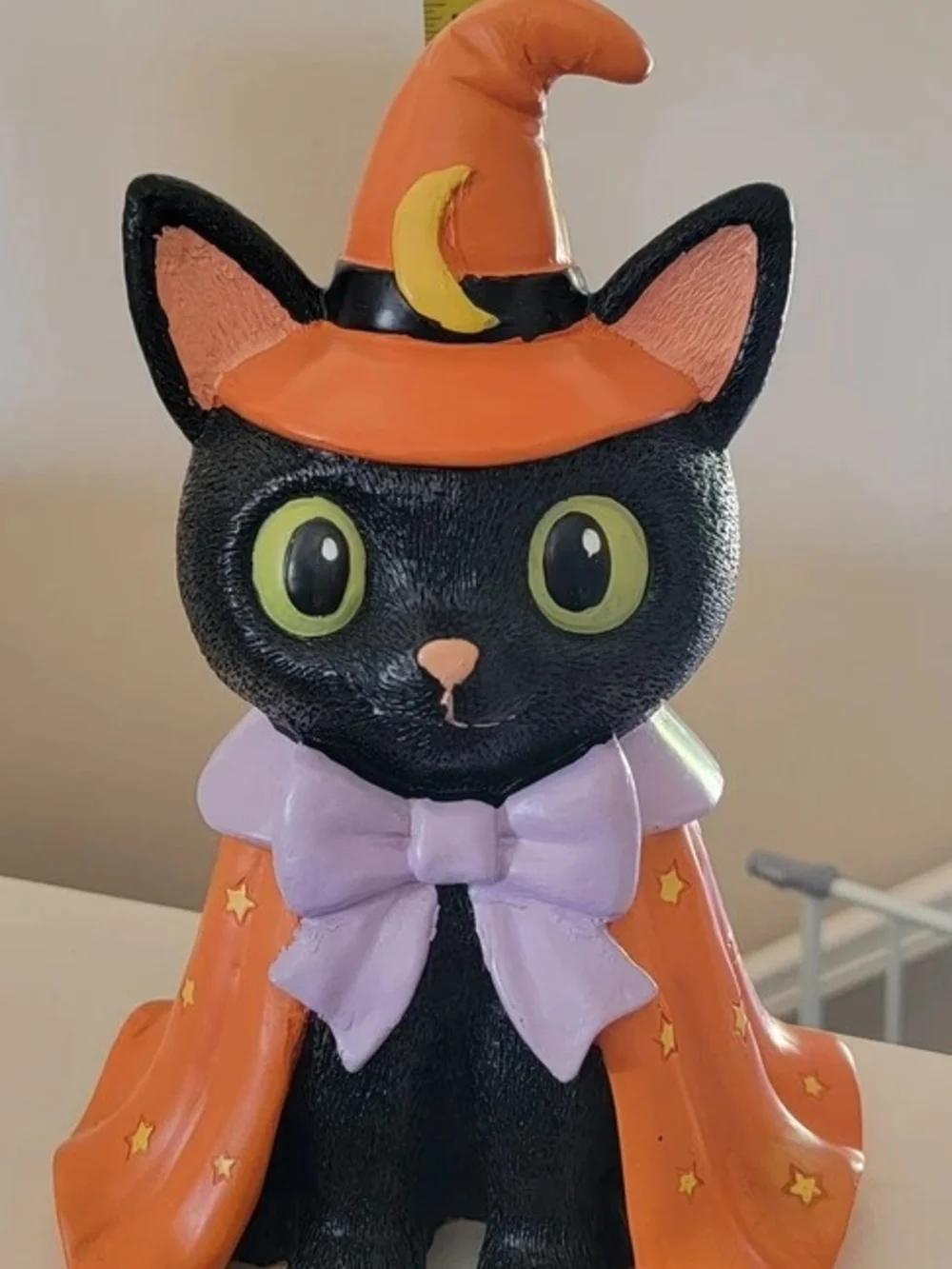 Black Halloween Cat Figurine with Orange Witch Hat and Cape